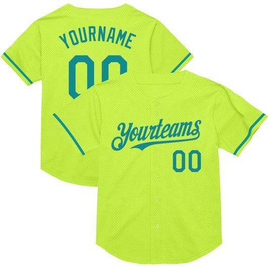 Custom Neon Green Teal Mesh Authentic Throwback Baseball Jersey - Sky-Custom