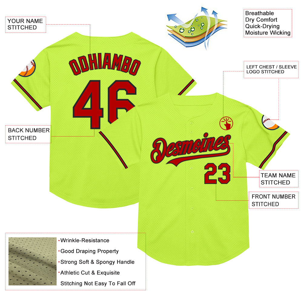 Custom Neon Green Red-Black Mesh Authentic Throwback Baseball Jersey - Sky-Custom
