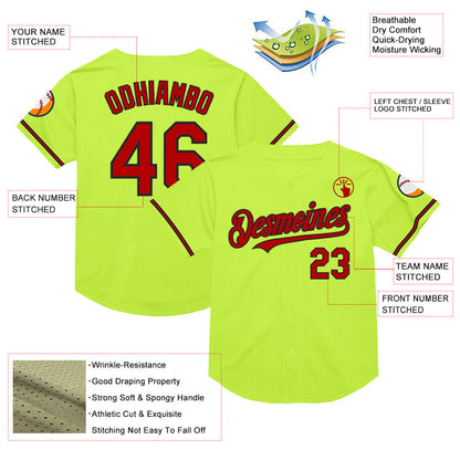 Custom Neon Green Red-Black Mesh Authentic Throwback Baseball Jersey - Sky-Custom