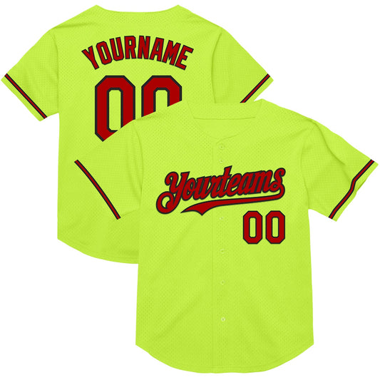 Custom Neon Green Red-Black Mesh Authentic Throwback Baseball Jersey - Sky-Custom