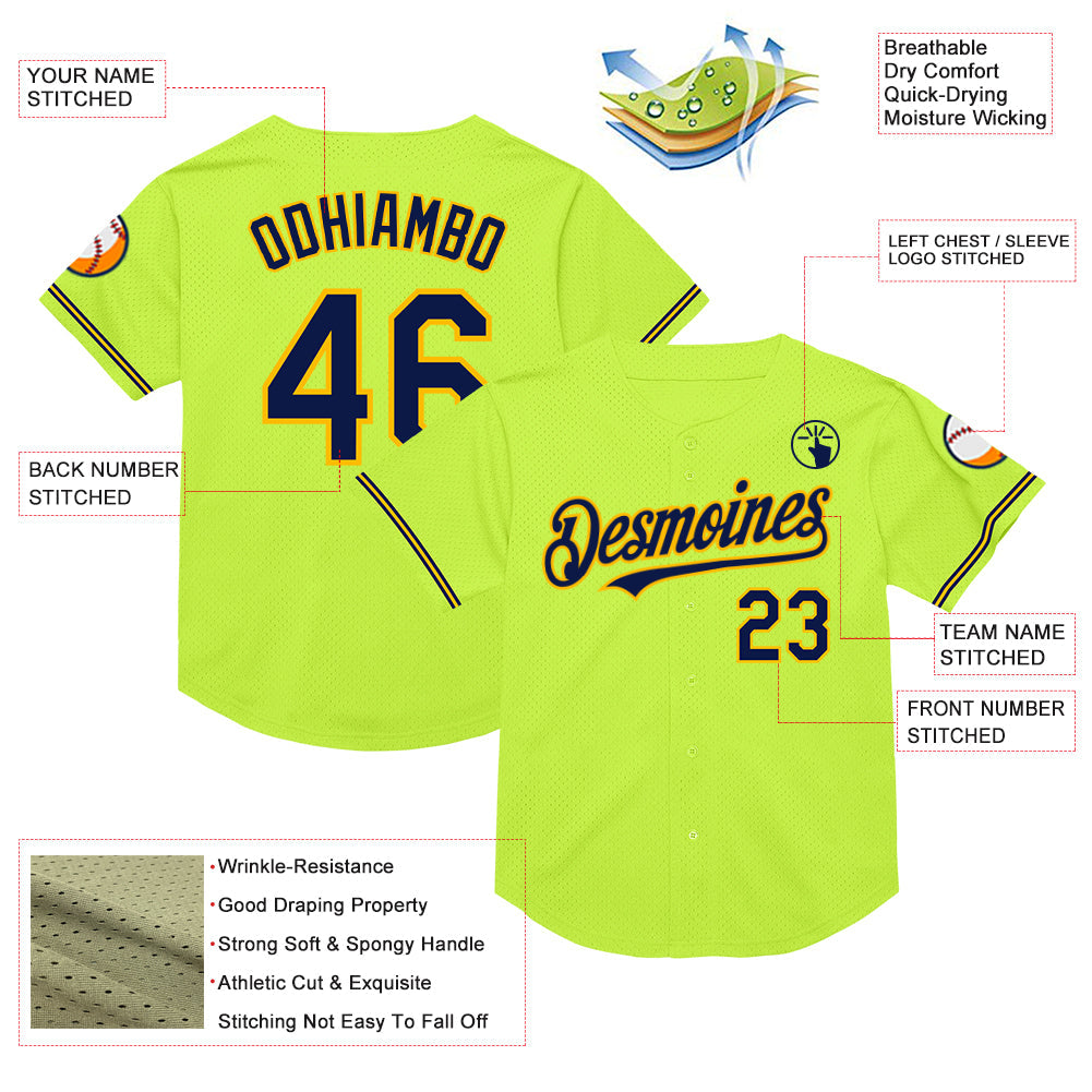 Custom Neon Green Navy-Gold Mesh Authentic Throwback Baseball Jersey - Sky-Custom