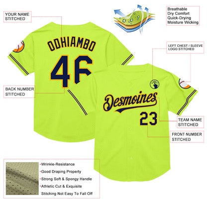 Custom Neon Green Navy-Gold Mesh Authentic Throwback Baseball Jersey - Sky-Custom