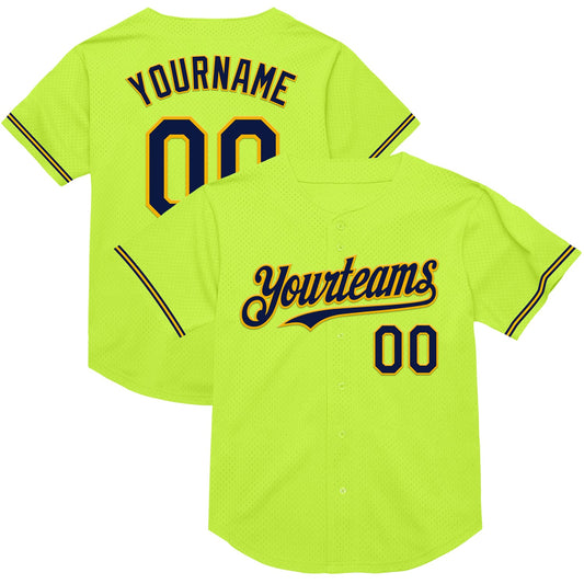 Custom Neon Green Navy-Gold Mesh Authentic Throwback Baseball Jersey - Sky-Custom