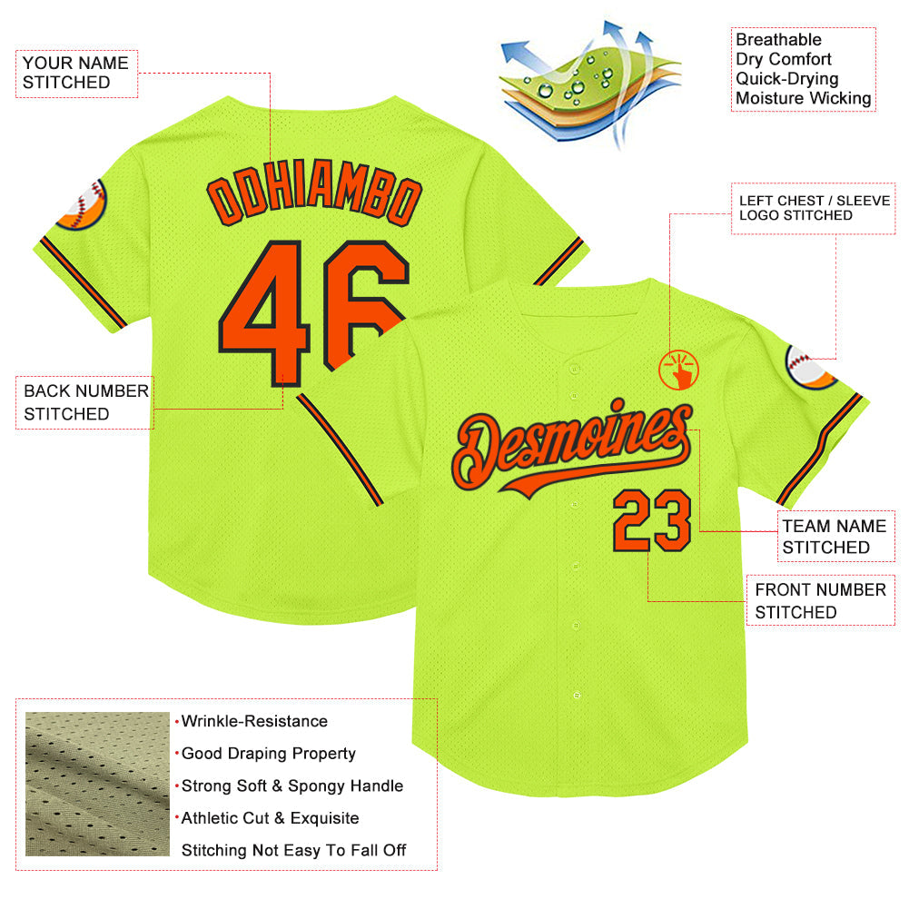 Custom Neon Green Orange-Black Mesh Authentic Throwback Baseball Jersey - Sky-Custom