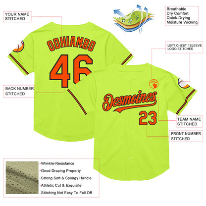 Custom Neon Green Orange-Black Mesh Authentic Throwback Baseball Jersey - Sky-Custom