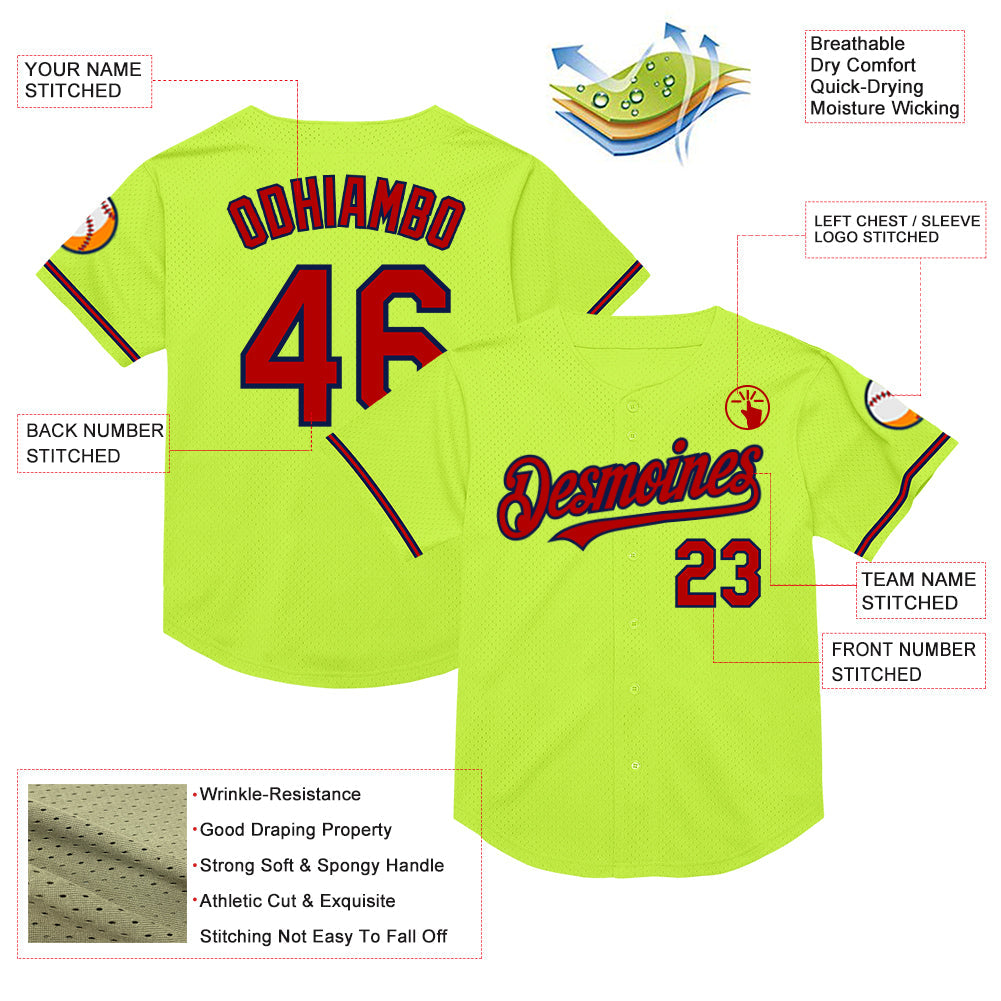 Custom Neon Green Red-Navy Mesh Authentic Throwback Baseball Jersey - Sky-Custom