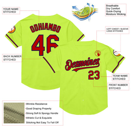 Custom Neon Green Red-Navy Mesh Authentic Throwback Baseball Jersey - Sky-Custom