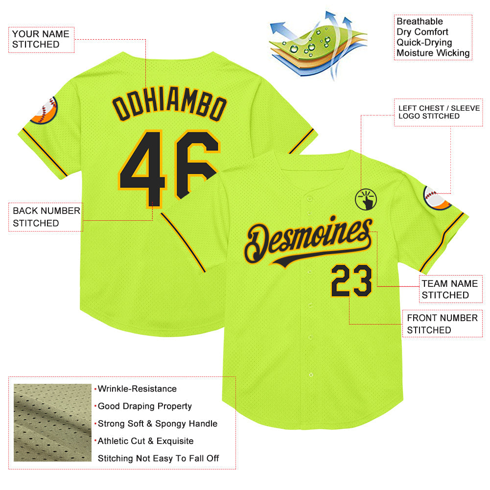 Custom Neon Green Black-Gold Mesh Authentic Throwback Baseball Jersey - Sky-Custom