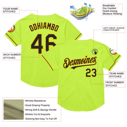 Custom Neon Green Black-Gold Mesh Authentic Throwback Baseball Jersey - Sky-Custom