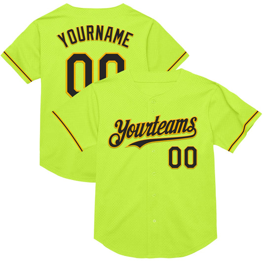 Custom Neon Green Black-Gold Mesh Authentic Throwback Baseball Jersey - Sky-Custom