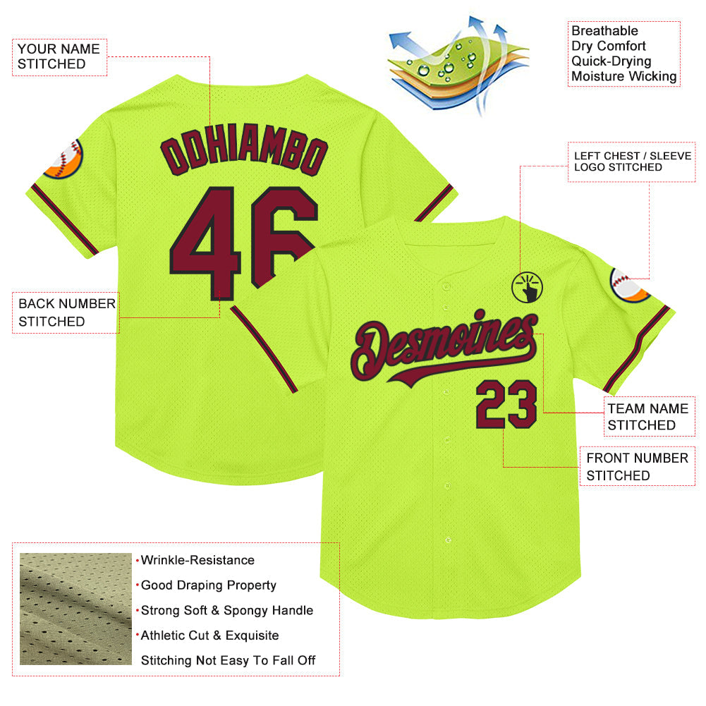 Custom Neon Green Crimson-Black Mesh Authentic Throwback Baseball Jersey - Sky-Custom
