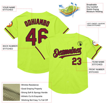 Custom Neon Green Crimson-Black Mesh Authentic Throwback Baseball Jersey - Sky-Custom
