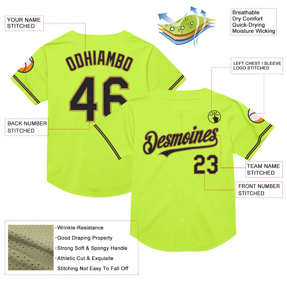 Custom Neon Green Black-Old Gold Mesh Authentic Throwback Baseball Jersey - Sky-Custom