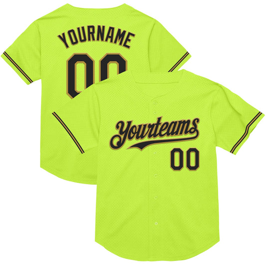 Custom Neon Green Black-Old Gold Mesh Authentic Throwback Baseball Jersey - Sky-Custom