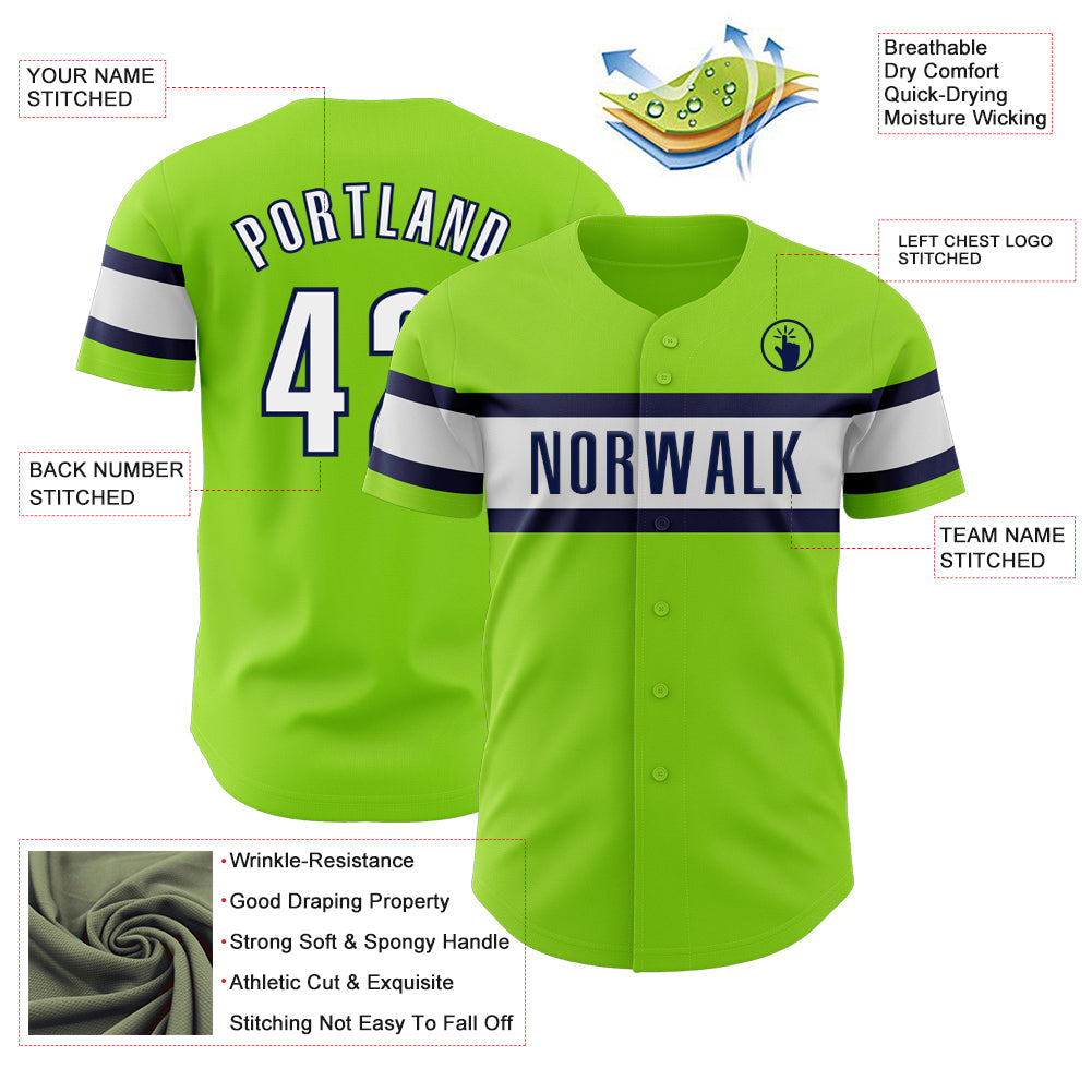 Custom Neon Green White-Navy Authentic Baseball Jersey - Sky-Custom