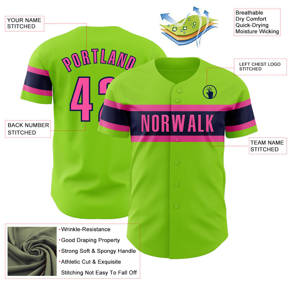 Custom Neon Green Pink-Navy Authentic Baseball Jersey - Sky-Custom