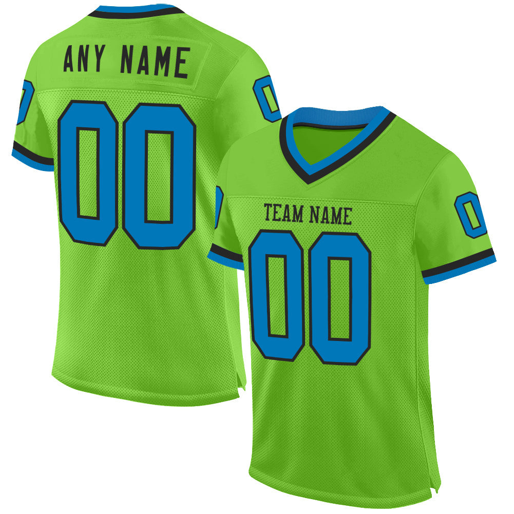 Custom Neon Green Blue-Black Mesh Authentic Throwback Football Jersey - Sky-Custom