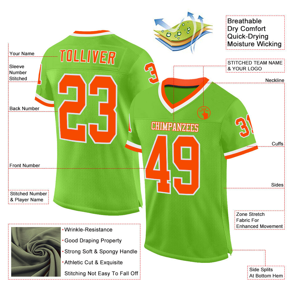 Custom Neon Green Orange-White Mesh Authentic Throwback Football Jersey - Sky-Custom