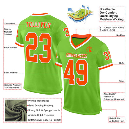 Custom Neon Green Orange-White Mesh Authentic Throwback Football Jersey - Sky-Custom