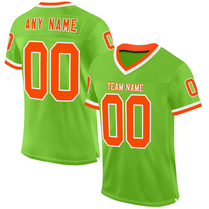 Custom Neon Green Orange-White Mesh Authentic Throwback Football Jersey - Sky-Custom