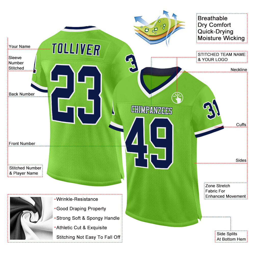 Custom Neon Green Navy-White Mesh Authentic Throwback Football Jersey - Sky-Custom