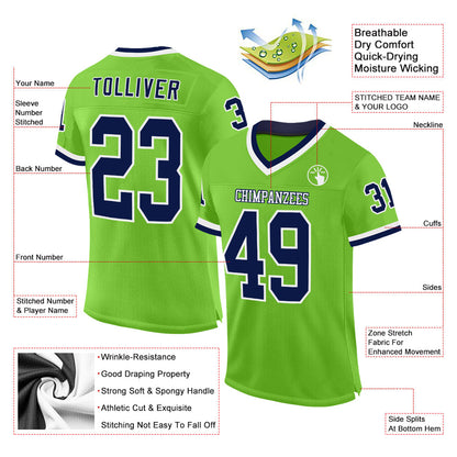 Custom Neon Green Navy-White Mesh Authentic Throwback Football Jersey - Sky-Custom