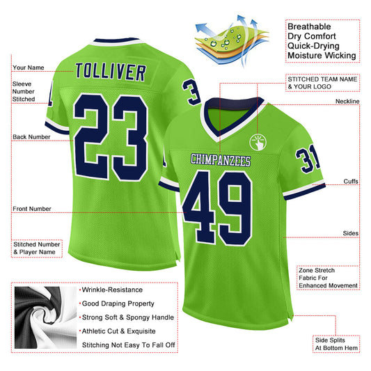 Custom Neon Green Navy-White Mesh Authentic Throwback Football Jersey - Sky-Custom