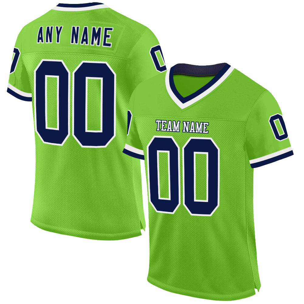 Custom Neon Green Navy-White Mesh Authentic Throwback Football Jersey - Sky-Custom