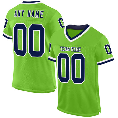 Custom Neon Green Navy-White Mesh Authentic Throwback Football Jersey - Sky-Custom
