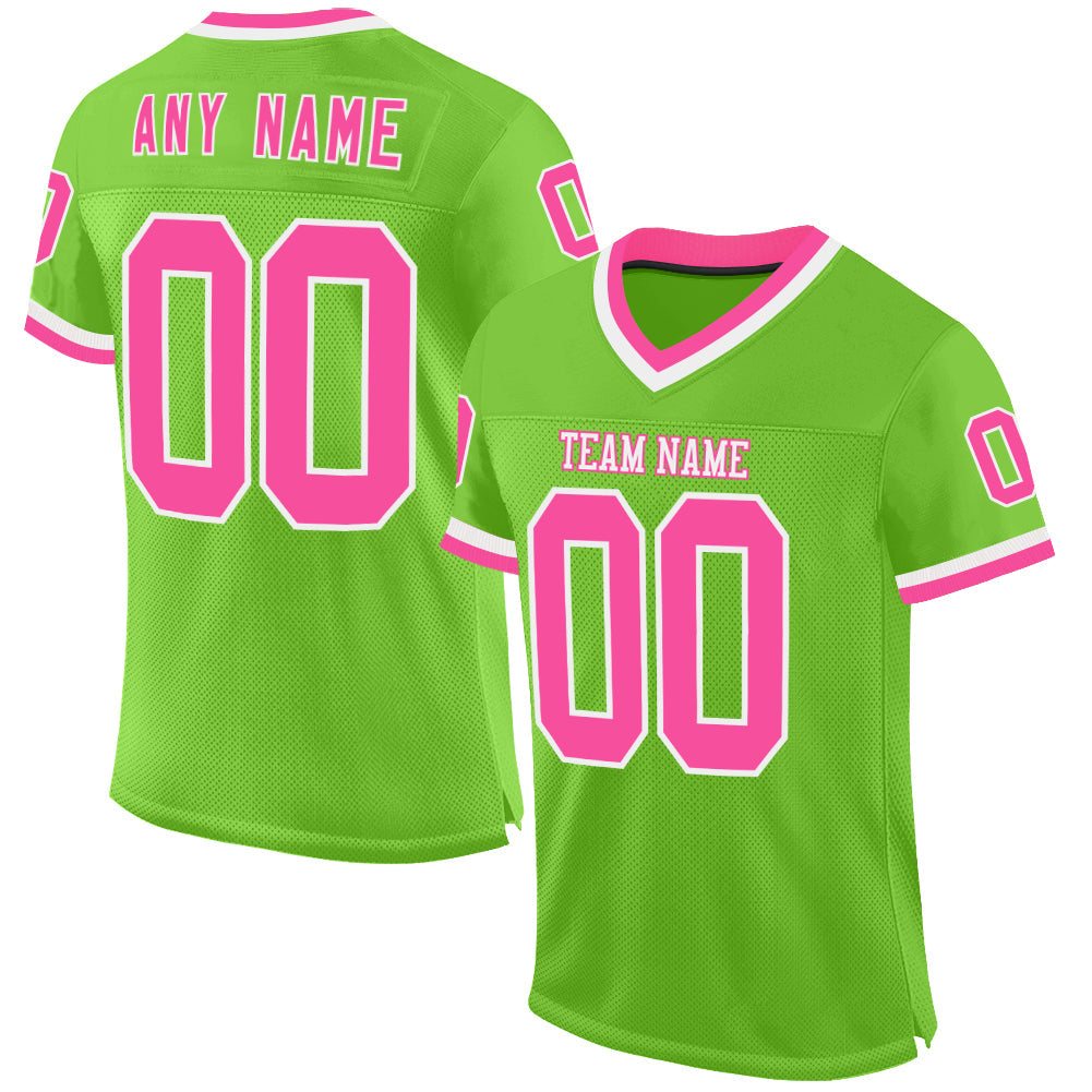 Custom Neon Green Pink-White Mesh Authentic Throwback Football Jersey - Sky-Custom