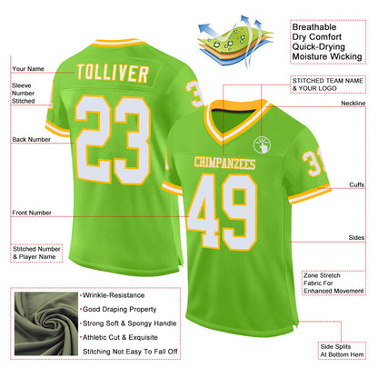 Custom Neon Green White-Gold Mesh Authentic Throwback Football Jersey - Sky-Custom