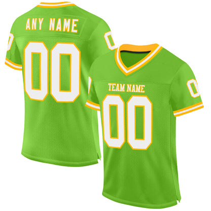 Custom Neon Green White-Gold Mesh Authentic Throwback Football Jersey - Sky-Custom