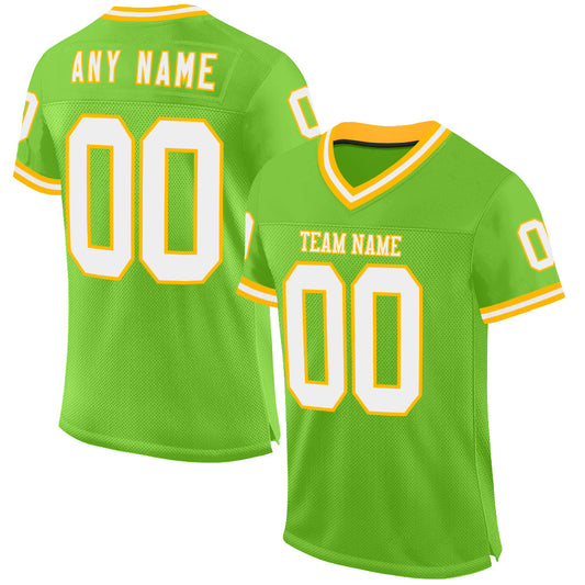 Custom Neon Green White-Gold Mesh Authentic Throwback Football Jersey - Sky-Custom
