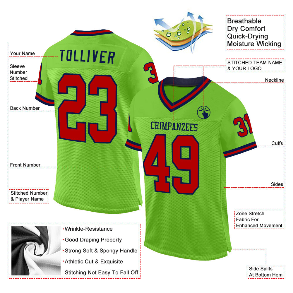Custom Neon Green Red-Navy Mesh Authentic Throwback Football Jersey - Sky-Custom
