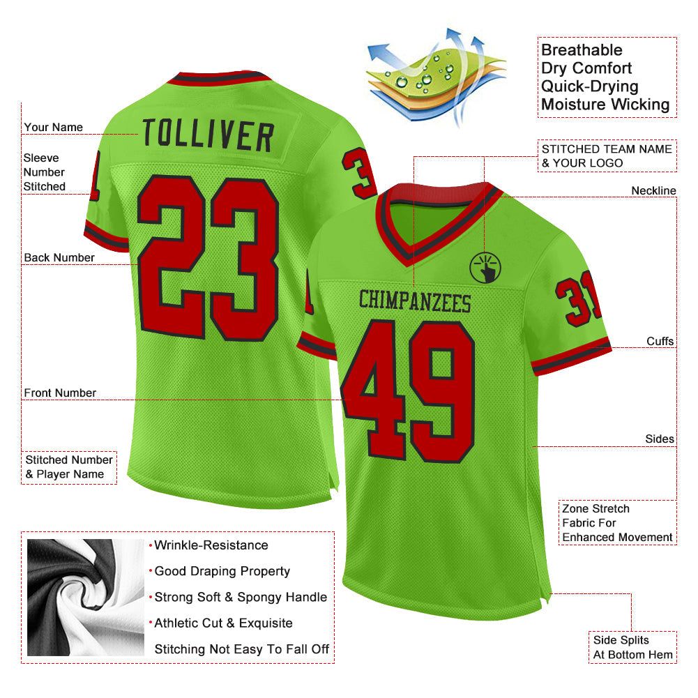 Custom Neon Green Red-Black Mesh Authentic Throwback Football Jersey - Sky-Custom