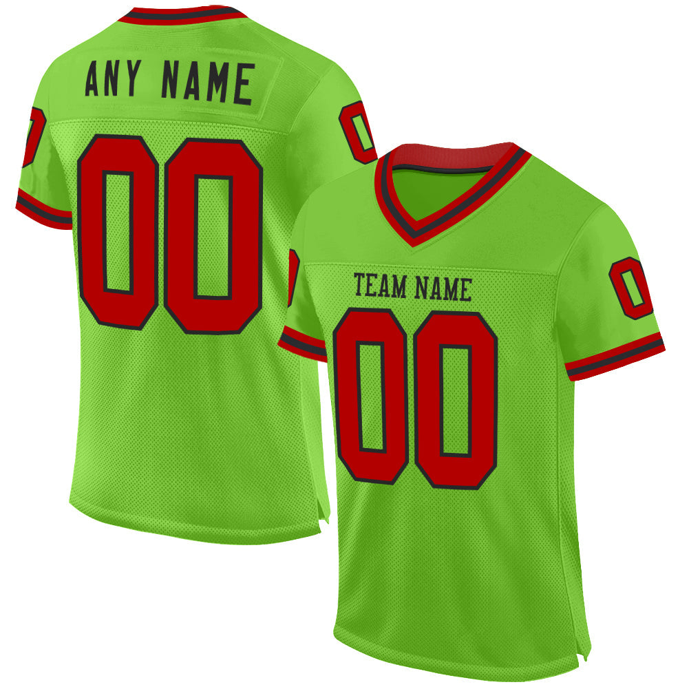 Custom Neon Green Red-Black Mesh Authentic Throwback Football Jersey - Sky-Custom