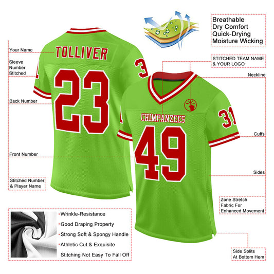 Custom Neon Green Red-White Mesh Authentic Throwback Football Jersey - Sky-Custom