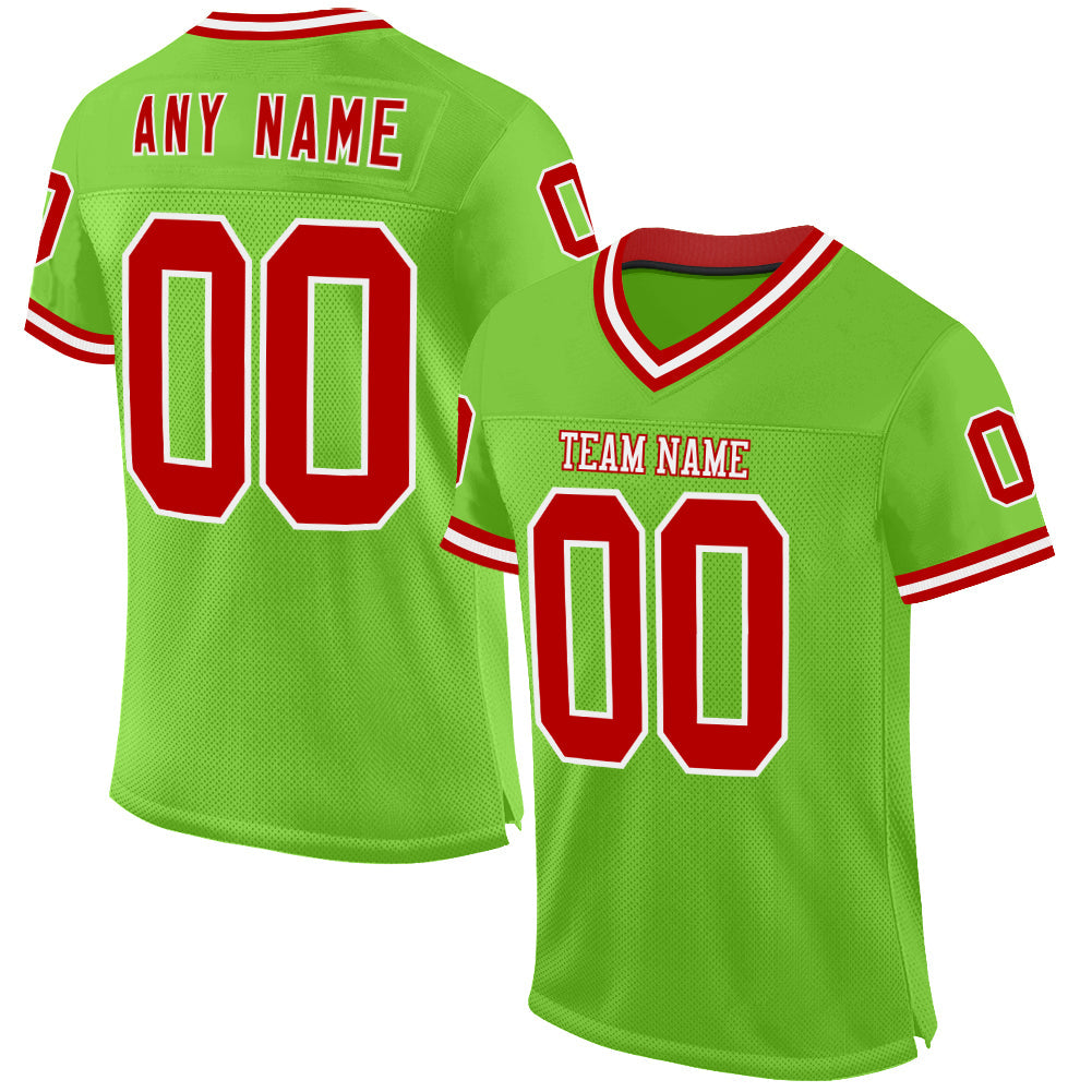 Custom Neon Green Red-White Mesh Authentic Throwback Football Jersey - Sky-Custom