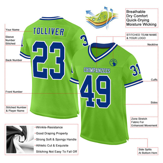 Custom Neon Green Royal-White Mesh Authentic Throwback Football Jersey - Sky-Custom