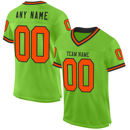 Custom Neon Green Orange-Black Mesh Authentic Throwback Football Jersey - Sky-Custom