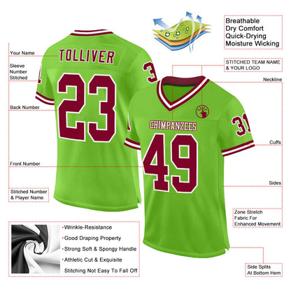 Custom Neon Green Maroon-White Mesh Authentic Throwback Football Jersey - Sky-Custom