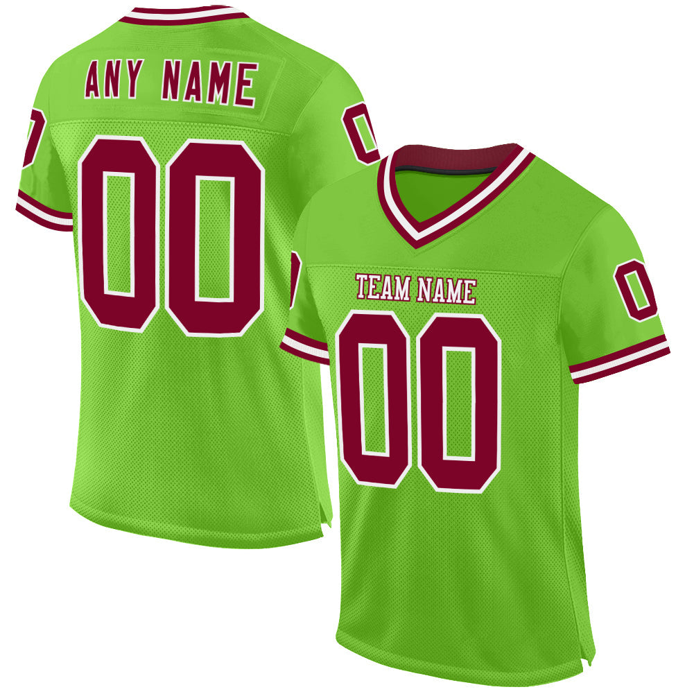 Custom Neon Green Maroon-White Mesh Authentic Throwback Football Jersey - Sky-Custom