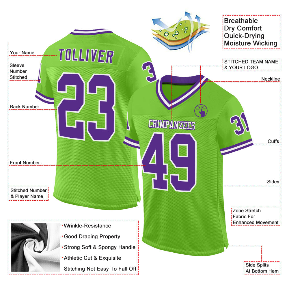 Custom Neon Green Purple-White Mesh Authentic Throwback Football Jersey - Sky-Custom