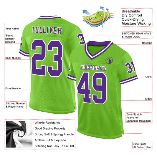 Custom Neon Green Purple-White Mesh Authentic Throwback Football Jersey - Sky-Custom