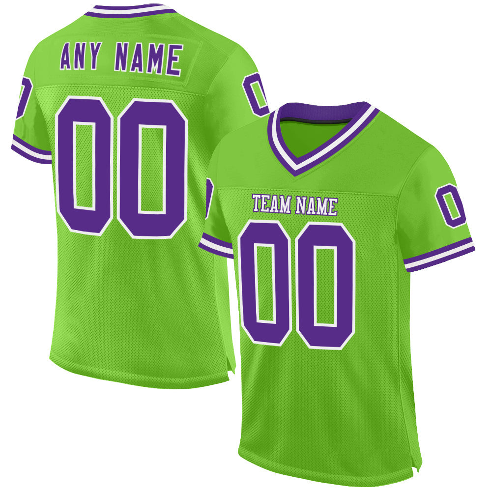Custom Neon Green Purple-White Mesh Authentic Throwback Football Jersey - Sky-Custom