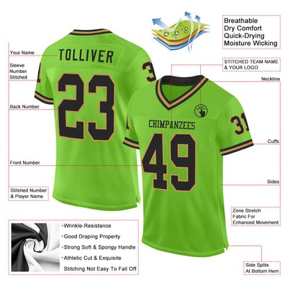 Custom Neon Green Black-Old Gold Mesh Authentic Throwback Football Jersey - Sky-Custom