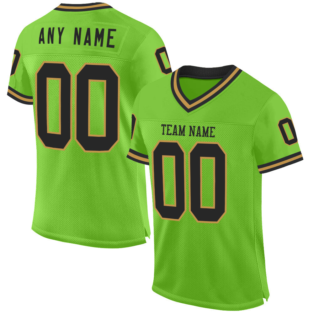 Custom Neon Green Black-Old Gold Mesh Authentic Throwback Football Jersey - Sky-Custom