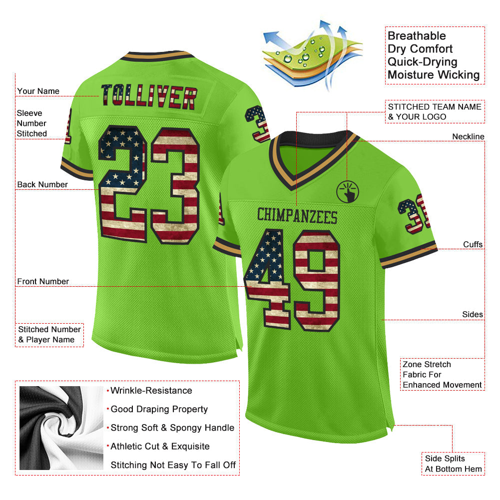 Custom Neon Green Vintage USA Flag Black-Old Gold Mesh Authentic Throwback Football Jersey - Sky-Custom