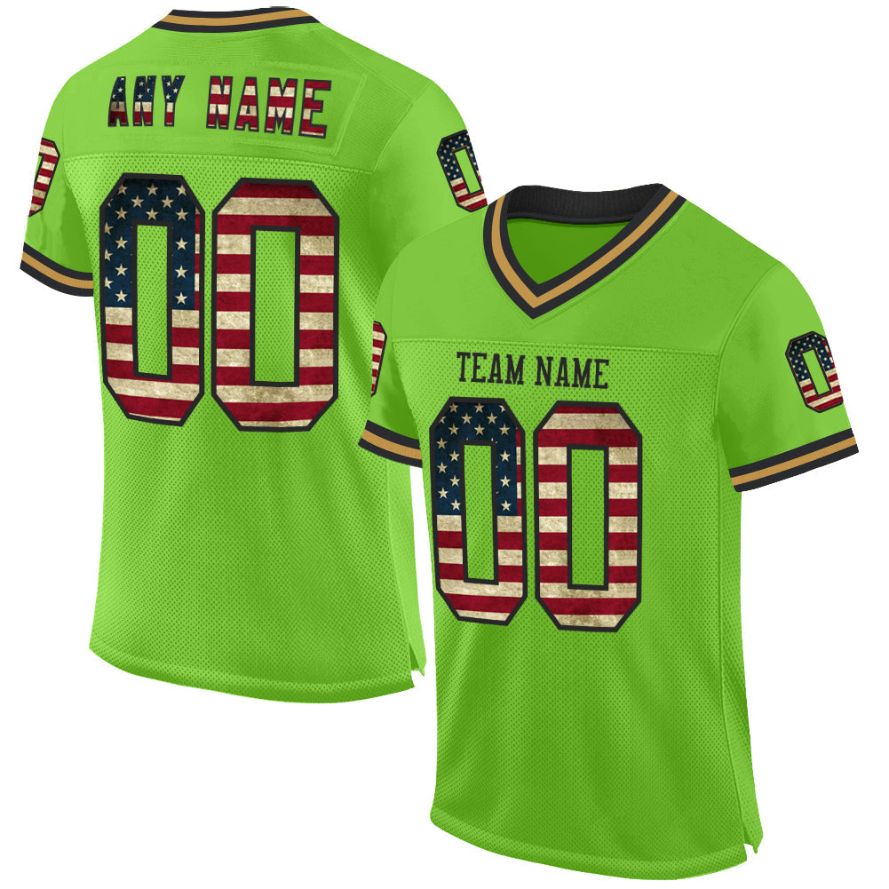 Custom Neon Green Vintage USA Flag Black-Old Gold Mesh Authentic Throwback Football Jersey - Sky-Custom