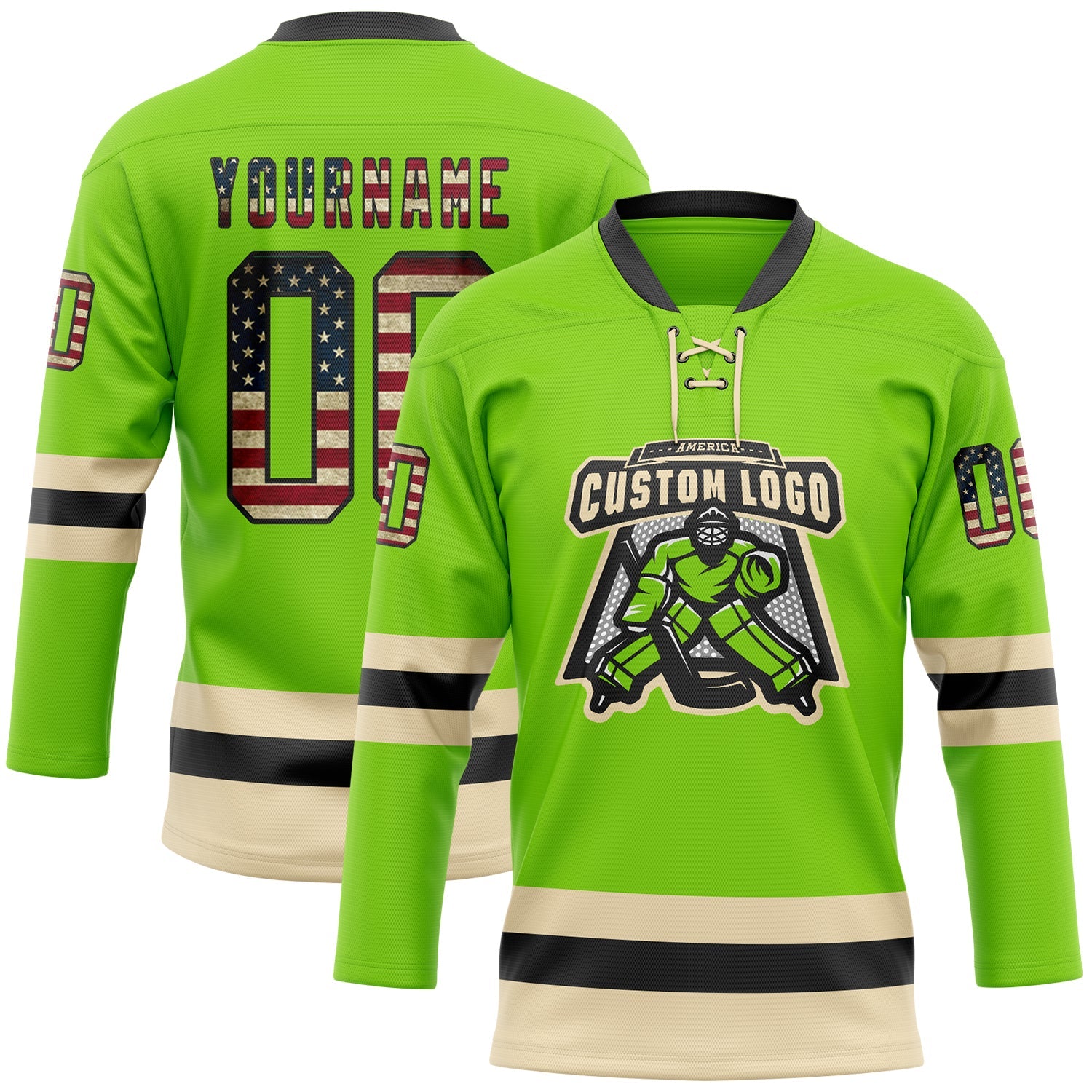Custom Neon Green Vintage USA Flag Black-Cream Hockey Lace Neck Jersey - Sky-Custom